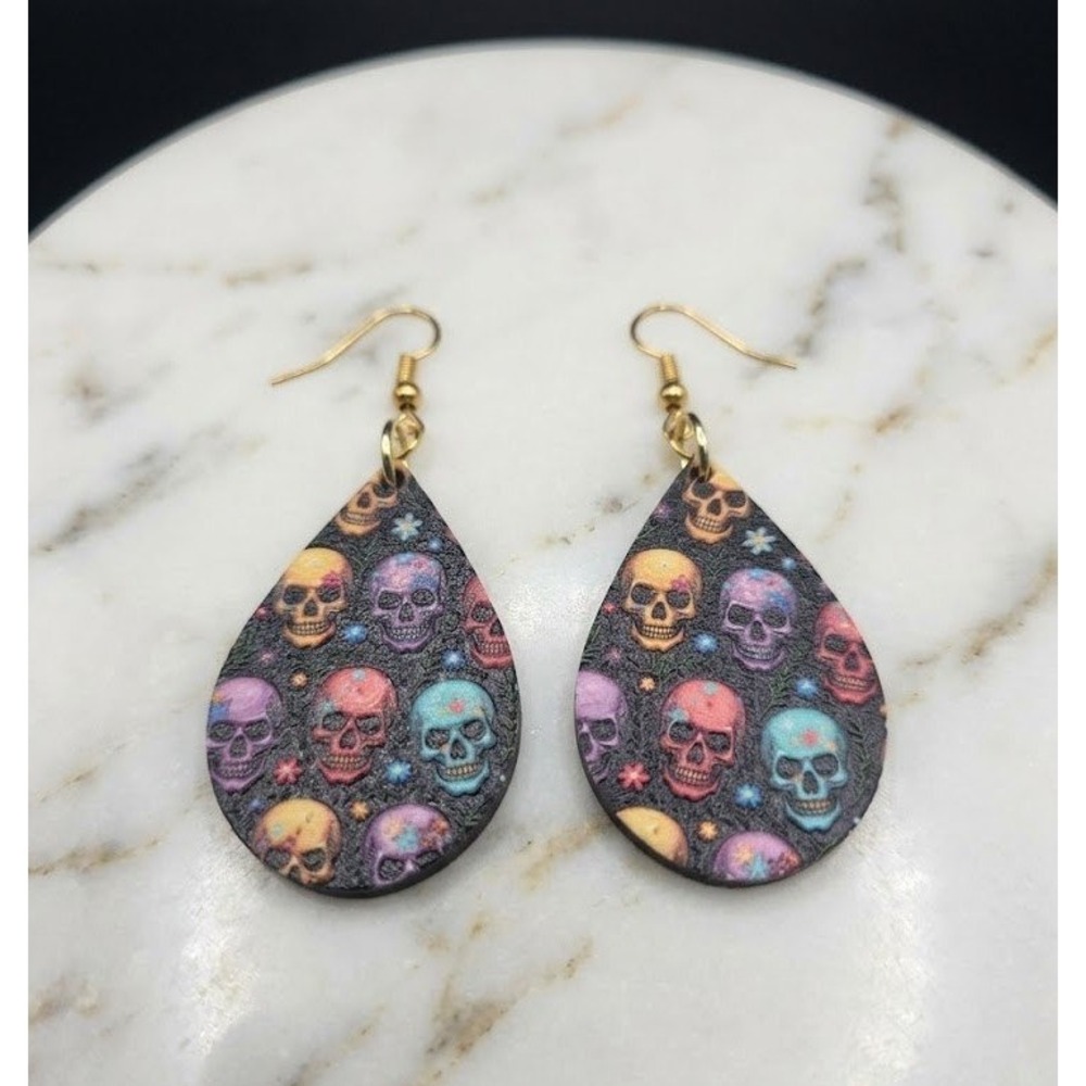 Handmade Earrings Sugar Skull Colorful Gold Tone Teardrop Drop Dangle